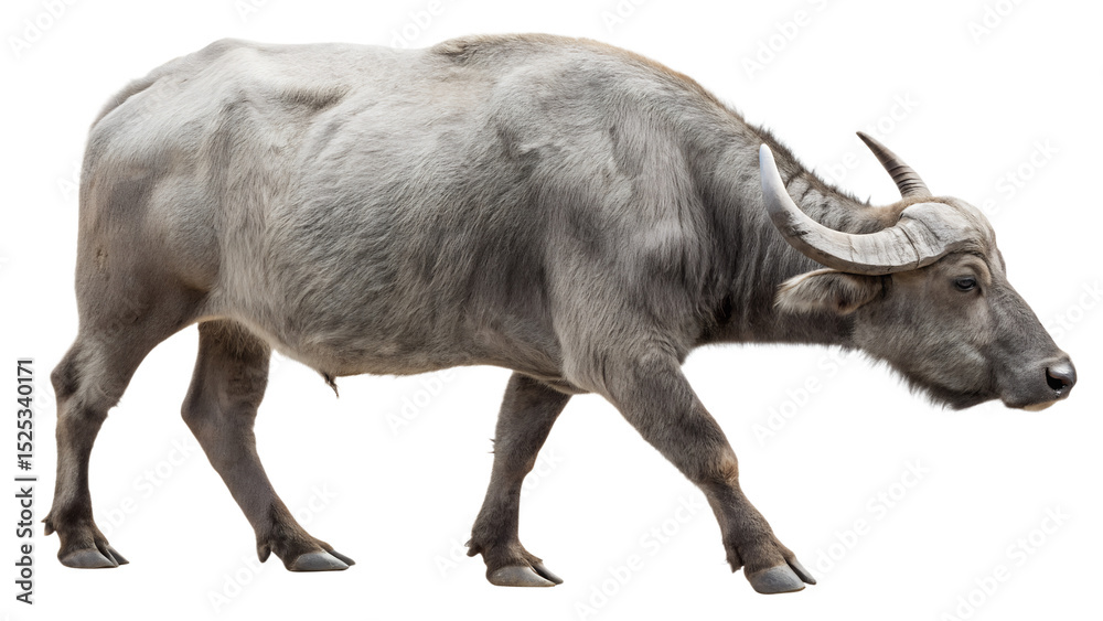 Fototapeta premium Large grey water buffalo walks, its massive horns curving outward against a stark white background.