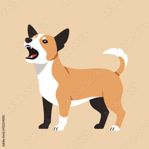 Small tan and white dog barking loudly with black ears and legs vector illustration on beige background 