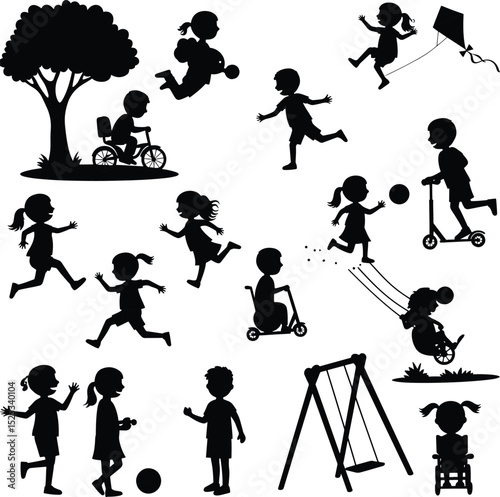 Silhouettes of diverse children engaging in various outdoor activities like playing riding bikes swinging and flying kites vector