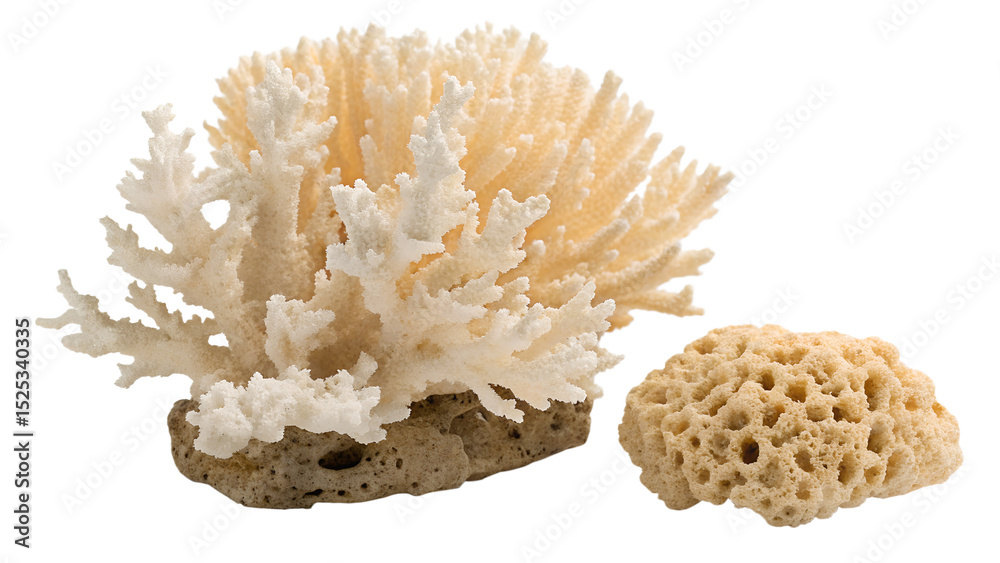 Obraz premium Two decorative coral specimens, a branching coral and a sponge, isolated on white background.