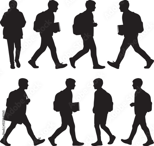 Eight silhouette figures of young people walking some carrying backpacks or books possibly students vector