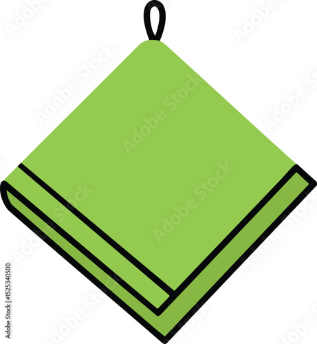 Green kitchen towel hanging with loop simple flat vector illustration for home cleaning and cooking accessory design 