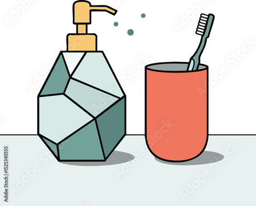 Soap dispenser and toothbrush in cup bathroom hygiene essentials vector illustration 