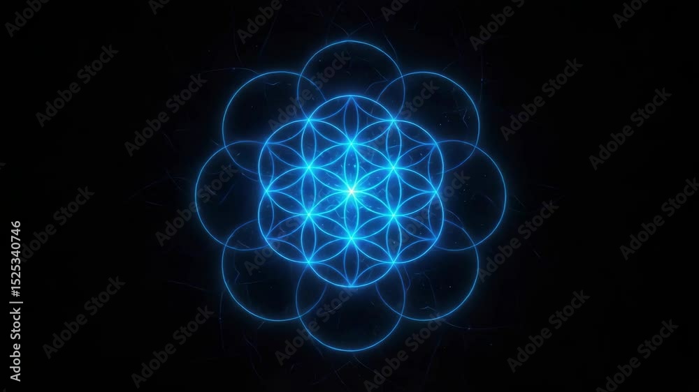 Vibrant Blue Flower of Life Symbol in Dark Background