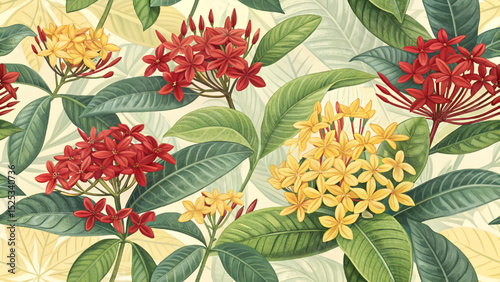 Seamless pattern with yellow and red flowers and bright green leaves.