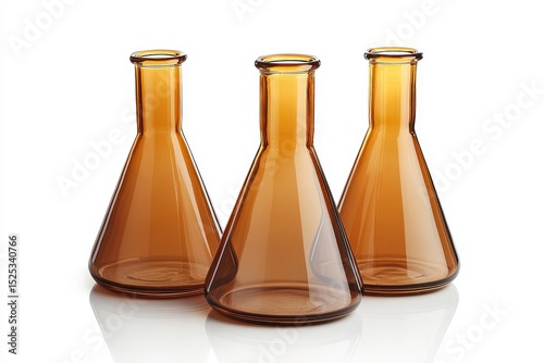 Three Amber Glass Laboratory Flasks on a Reflective Surface