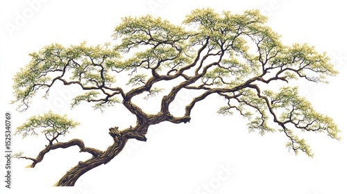 A detailed illustration of a sprawling tree branch, its gnarled, dark brown trunk contrasting with the light green foliage of its many limbs, set against a stark white background