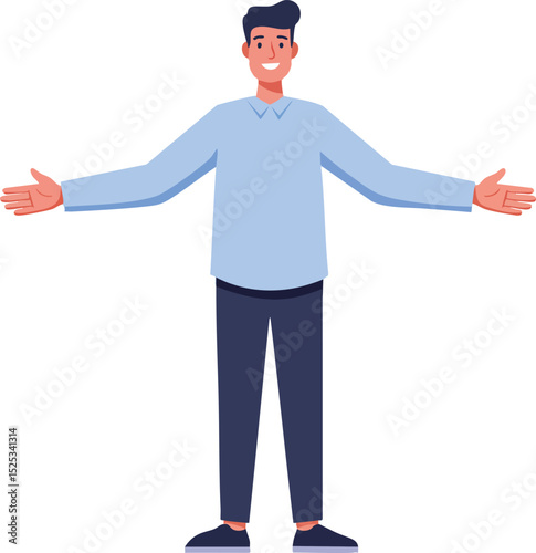 Man welcoming gesture open arms smiling casual clothing vector illustration friendly and approachable character 