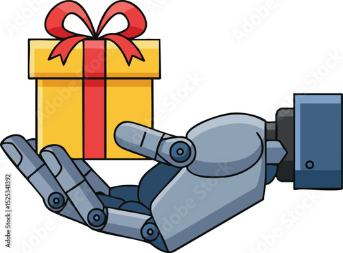 Robot hand holding yellow gift box with red ribbon and bow vector illustration for technology and celebration concepts 