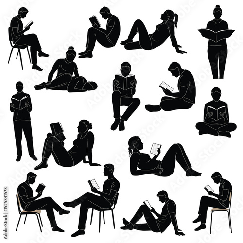 Sixteen black silhouette figures of diverse individuals reading books in various seated and reclining positions on chairs or the floor vector