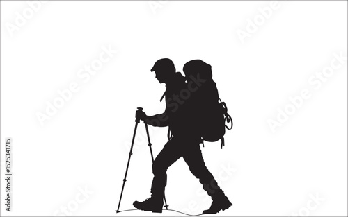Silhouette Set of Hikers, Campsite, Cabin, and Mountain Adventure Scenes 