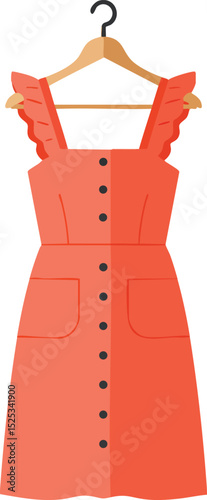 Coral sleeveless dress with button front and ruffle straps on hanger vector illustration fashion clothing design coral color 