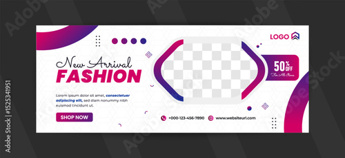 New Stylish Fashion Promotion Banner Template with Pink and Purple Abstract Curves, 50 Percent Discount Badge and Modern Clean Layout for Clothing Brand Marketing and Online Advertising