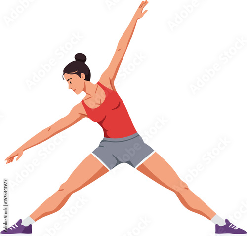 Woman stretching exercise in red top and grey shorts for fitness and health lifestyle vector illustration 