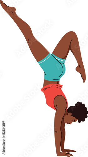 Woman performing handstand exercise in red top and blue shorts fitness and balance pose vector illustration 