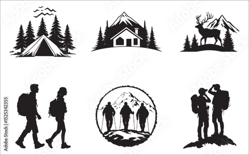 Silhouette Set of Hikers, Campsite, Cabin, and Mountain Adventure Scenes 