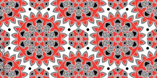 Seamless pattern with traditional Indian floral ornament for fabric swatch or wrapping paper. Vector abstract kaleidoscopic background