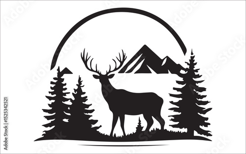 Silhouette Set of Hikers, Campsite, Cabin, and Mountain Adventure Scenes 