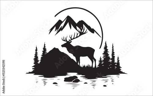 Silhouette Set of Hikers, Campsite, Cabin, and Mountain Adventure Scenes 