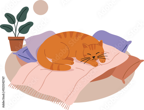Sleeping orange tabby cat resting on cozy bed with pillows and potted houseplant vector illustration