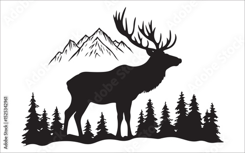 Silhouette Set of Hikers, Campsite, Cabin, and Mountain Adventure Scenes 