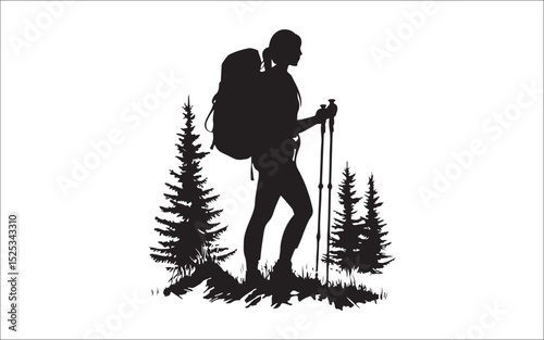 Silhouette Set of Hikers, Campsite, Cabin, and Mountain Adventure Scenes 