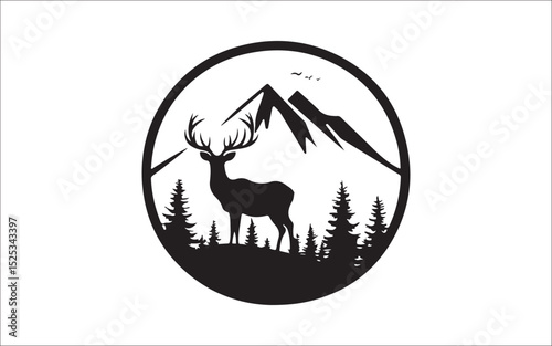 Silhouette Set of Hikers, Campsite, Cabin, and Mountain Adventure Scenes 
