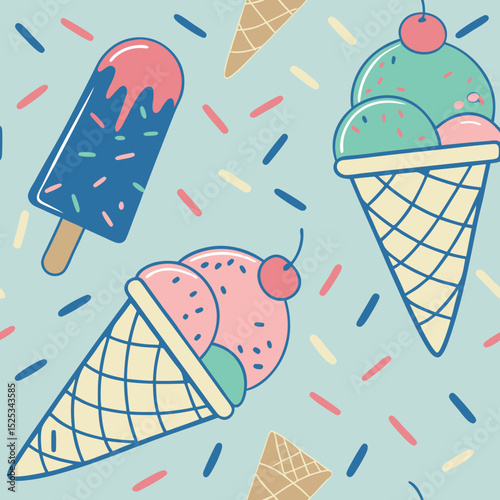 Seamless Pastel Pattern of Mint and Strawberry Ice Cream Cones With Blueberry Popsicles and Sprinkles