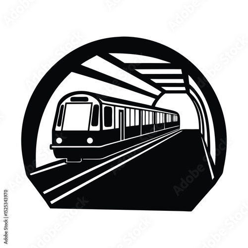 Silhouette of a subway train with underground tunnel outlined with white background