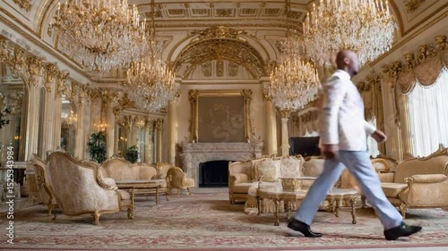 Luxury Personified: A person strides confidently through a palatial room, surrounded by ornate gold detailing, radiant chandeliers, and exquisite furnishings.