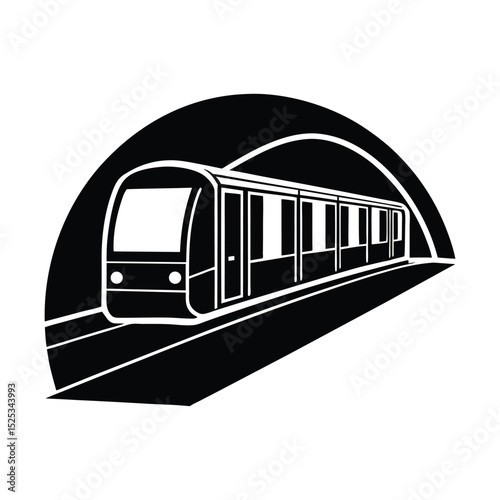 Silhouette of a subway train with underground tunnel outlined with white background