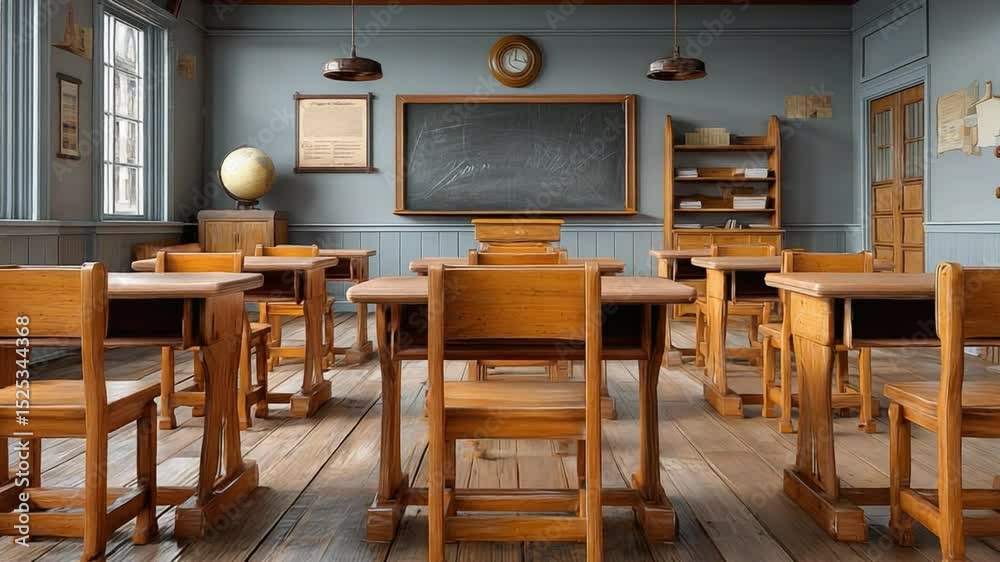 Vintage Classroom: A beautifully lit, classically designed classroom. Rows of wooden desks and chairs face a large chalkboard, while natural light streams through the windows.