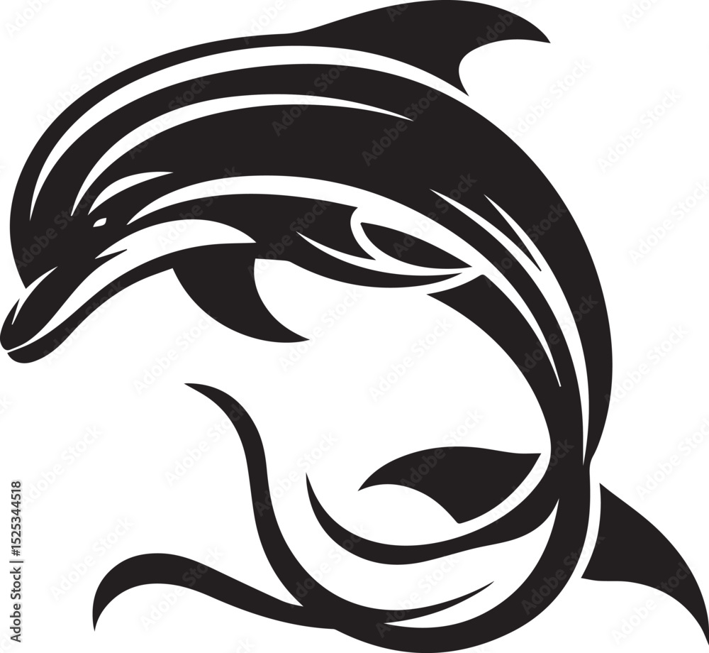 Obraz premium A black vector of a leaping dolphin, captured mid-jump, with sleek lines that emphasize fluid movement.