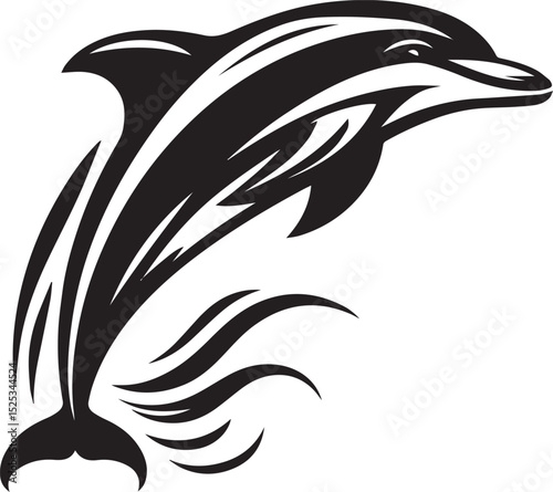 A black vector of a leaping dolphin, captured mid-jump, with sleek lines that emphasize fluid movement.