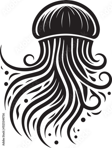 A black vector of a jellyfish with long, flowing tentacles, designed with smooth, sinuous lines.