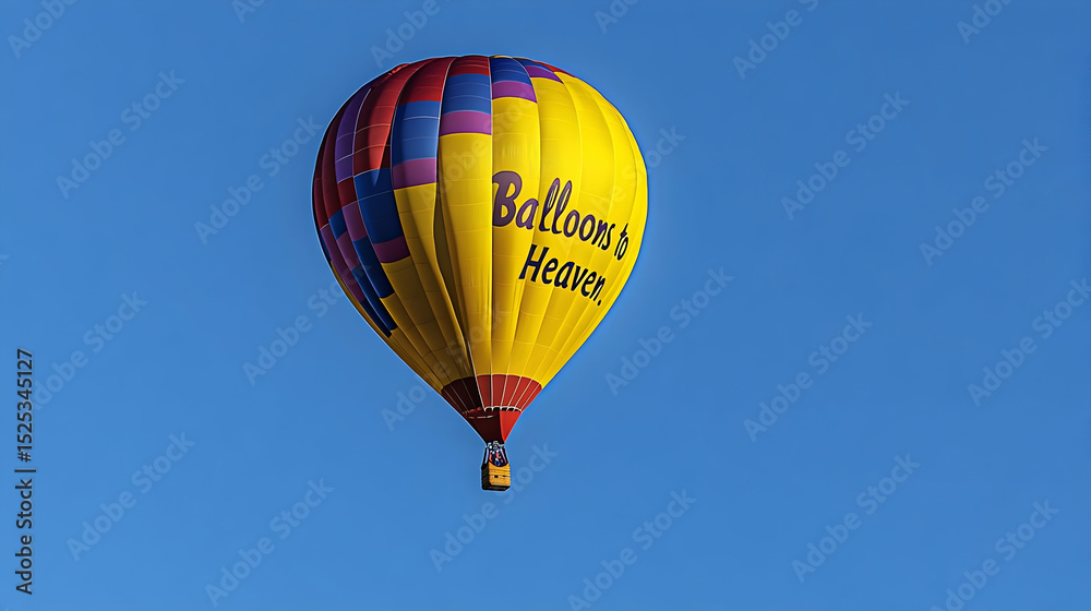 Obraz premium Vibrant hot air balloon ascends gracefully against serene blue summer sky