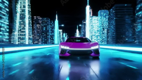 Futuristic Purple Car Driving Through Neon Lit Cityscape at Night