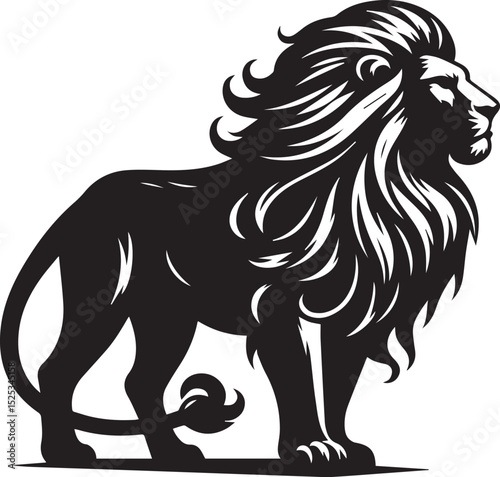 A sleek, black vector silhouette of a majestic lion in profile, highlighting its flowing mane and powerful stance.