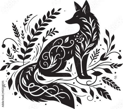A black vector of a fox intertwined with botanical elements, blending natural forms with animal grace.