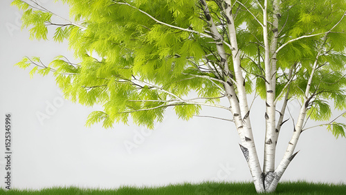 Foreground Silver Birch (Betula pendula) in summer foliage, isolated PNG with white background, premium quality cutout (Warty Birch, European White Birch, East Asian White Birch).
