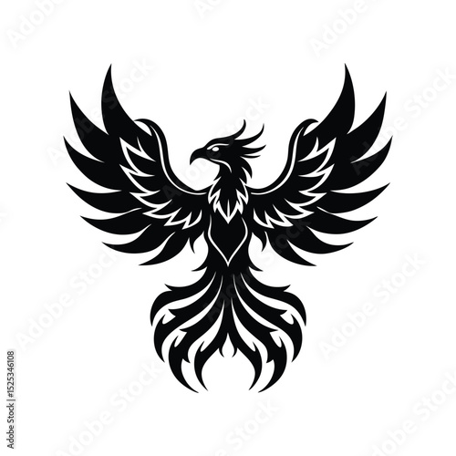Stylized Black Phoenix with Wings Spread on White Background for Design