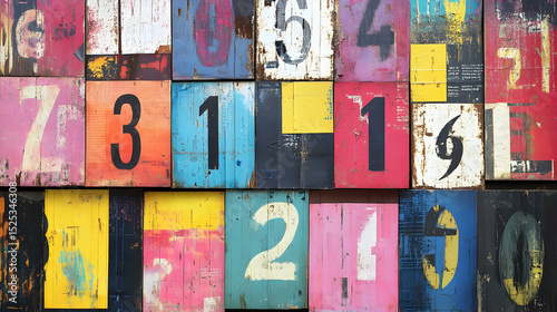 Colorful abstract wall featuring numerical elements in a rustic and textured style