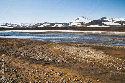 Wild icelandic snow covered highland in summer