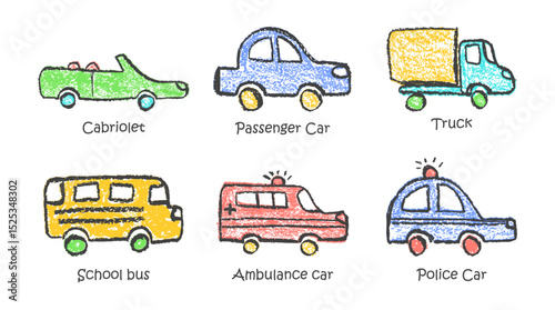 Colorful vector set of crayon-drawn vehicles including police, passenger car, ambulance, truck, convertible, and school bus. Wax pastel squiggles with charcoal texture for kindergarten education style