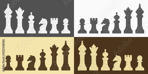 Chess pieces in four colors with diamond texture. Vector illustration.