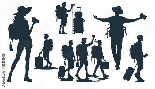 Trekking traveler silhouettes set, vector silhouette design. Backpacker. Mountaineer climber hiker people. Male and female hiker with backpack. Adventure, travel tourism concept. Black silhouettes
