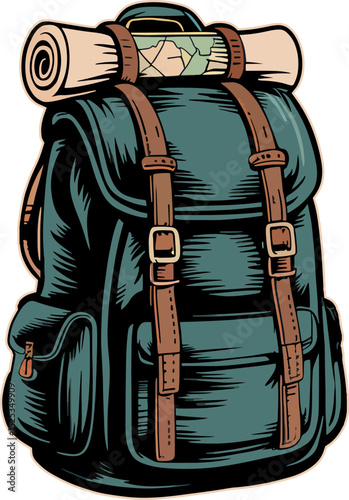 Vintage Adventure Backpack: A teal vintage backpack, meticulously illustrated, is strapped with a rolled-up map and sleeping mat, ready for an exciting adventure.