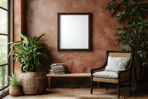 Elegant and stylish interior living room, art frame or poster. A cozy living space with natural light and textures, creates a warm, inviting atmosphere.