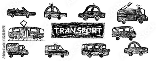 Set of crayon drawn vehicles including police, passenger car, ambulance, fire truck, taxi and train. Wax pastel squiggles with charcoal grunge texture for nursery kindergarten education style. Vector