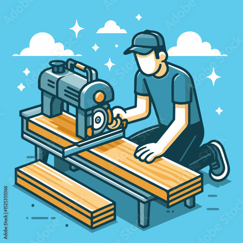illustration of a man  cutting wood with a machine